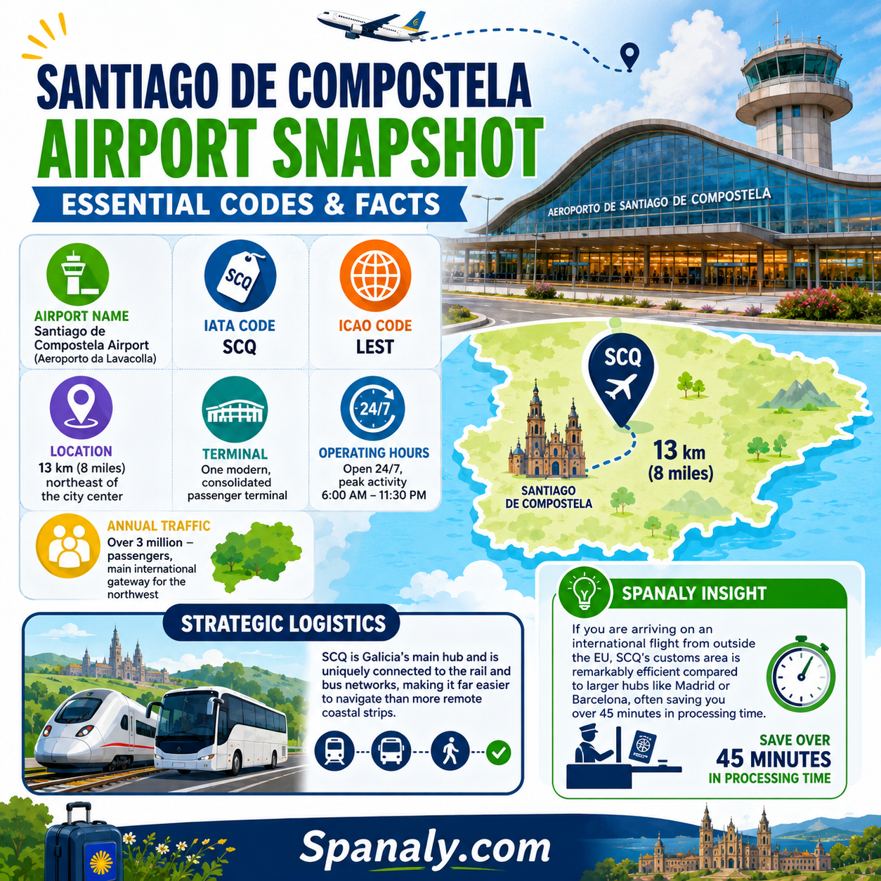 Colorful infographic showing Santiago de Compostela Airport SCQ codes facts location terminal hours and passenger traffic in Spain