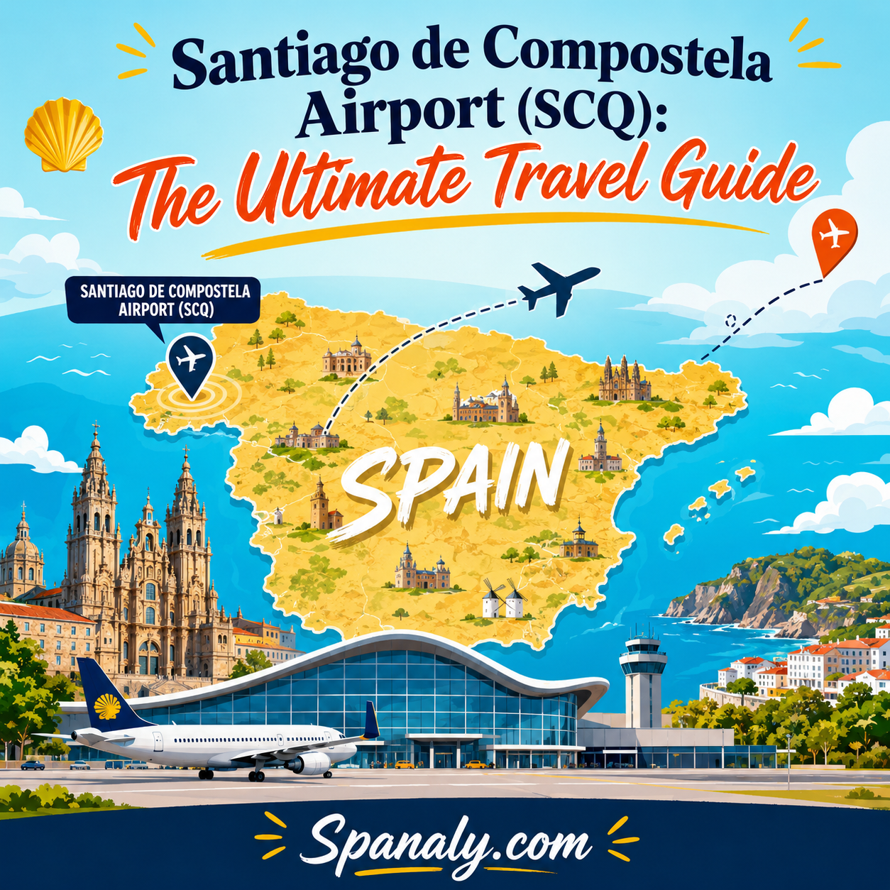 Colorful illustrated map of Spain highlighting Santiago de Compostela Airport SCQ with vibrant travel elements and airport terminal design