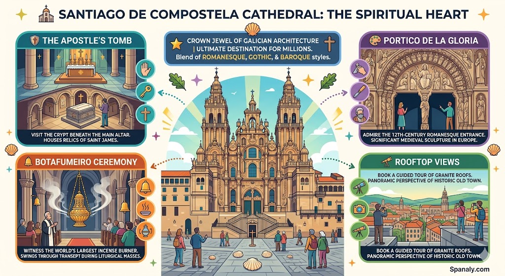 Infographic of Santiago de Compostela Cathedral highlighting the Apostle's tomb, Botafumeiro ceremony, Portico de la Gloria, and rooftop views.