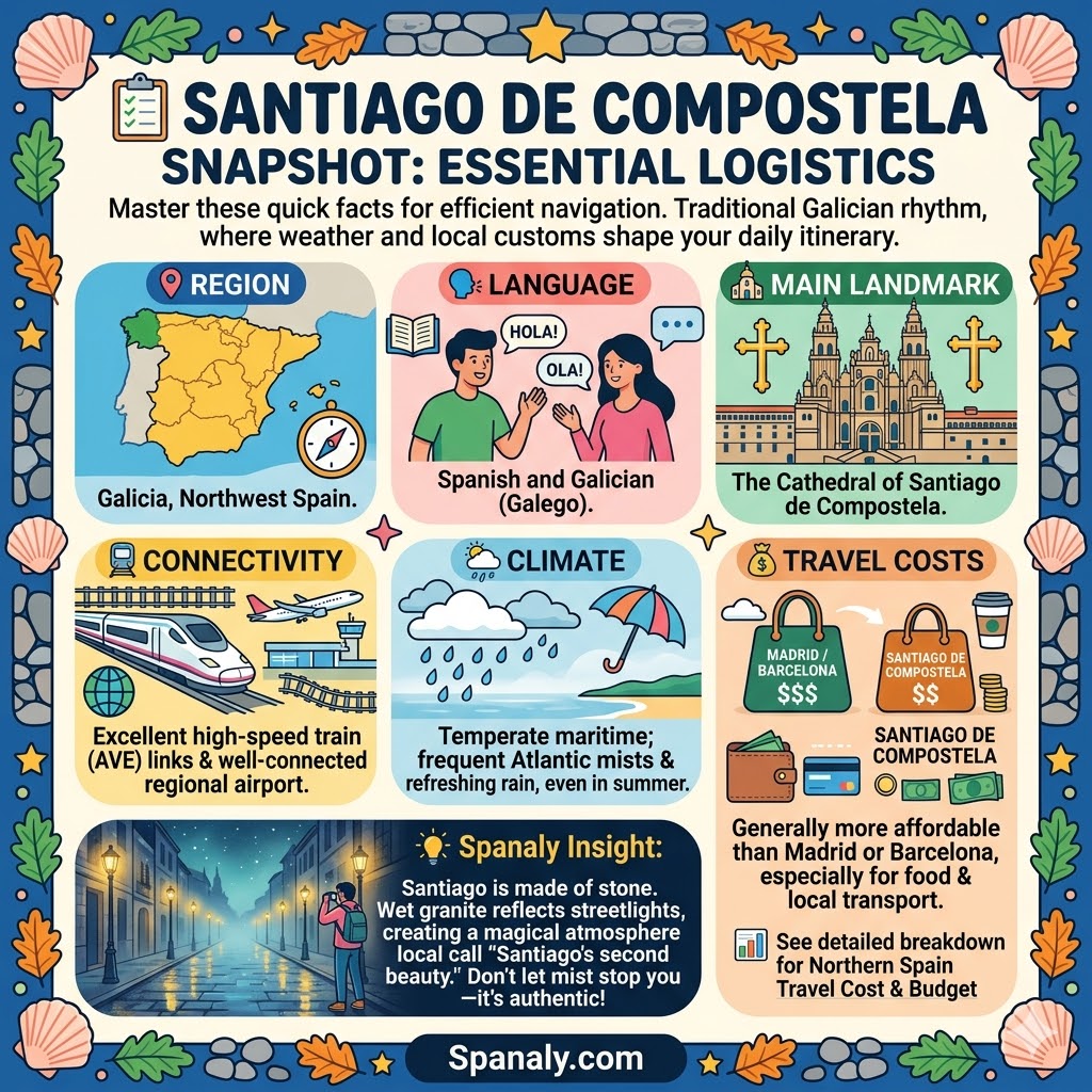 Infographic snapshot of Santiago de Compostela essential logistics including regional location in Galicia, language, Cathedral landmark, and climate details.