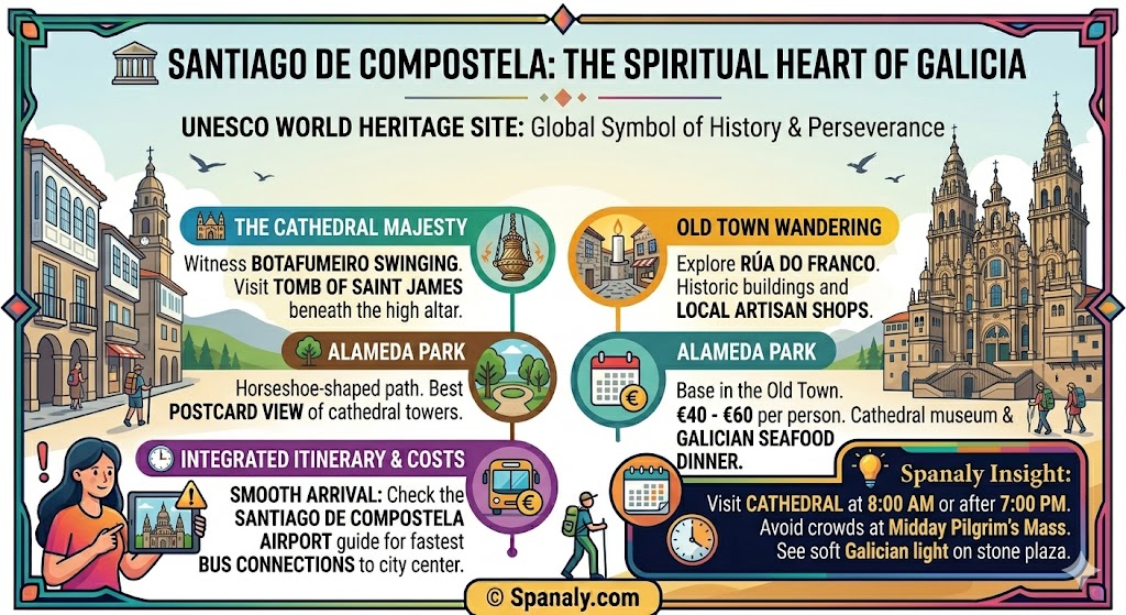 Infographic of Santiago de Compostela in Galicia featuring the Cathedral Botafumeiro, old town wandering, Alameda Park views, and travel costs.