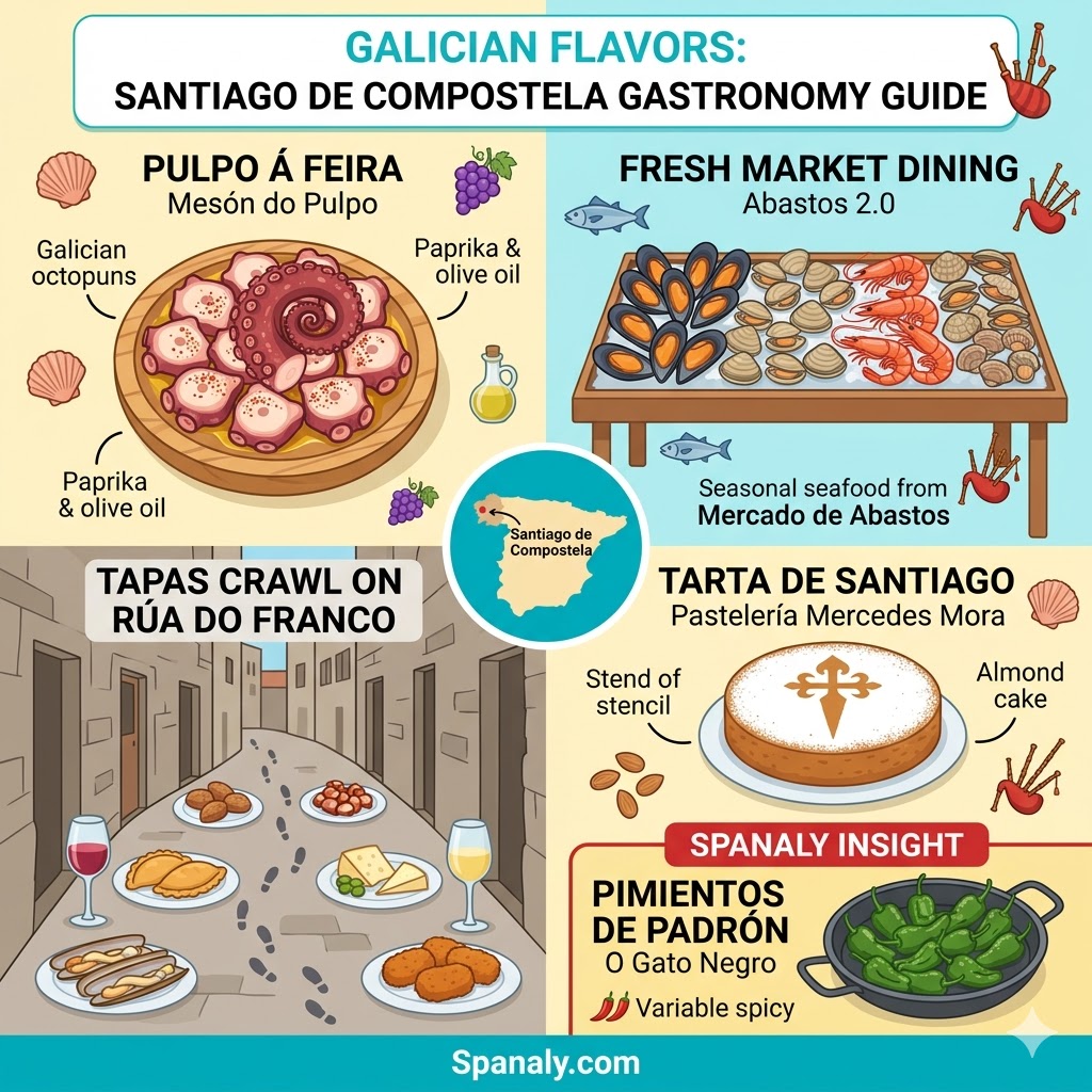 Infographic about gastronomy in Santiago de Compostela featuring Galician octopus, fresh market seafood, local tapas, and the traditional Tarta de Santiago.