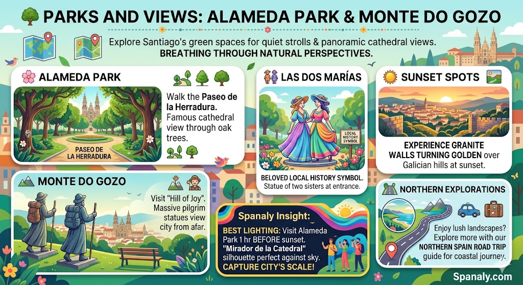 Infographic of Santiago de Compostela parks and views featuring Alameda Park, the Las Dos Marías statue, Monte do Gozo Hill of Joy, and sunset viewpoints.