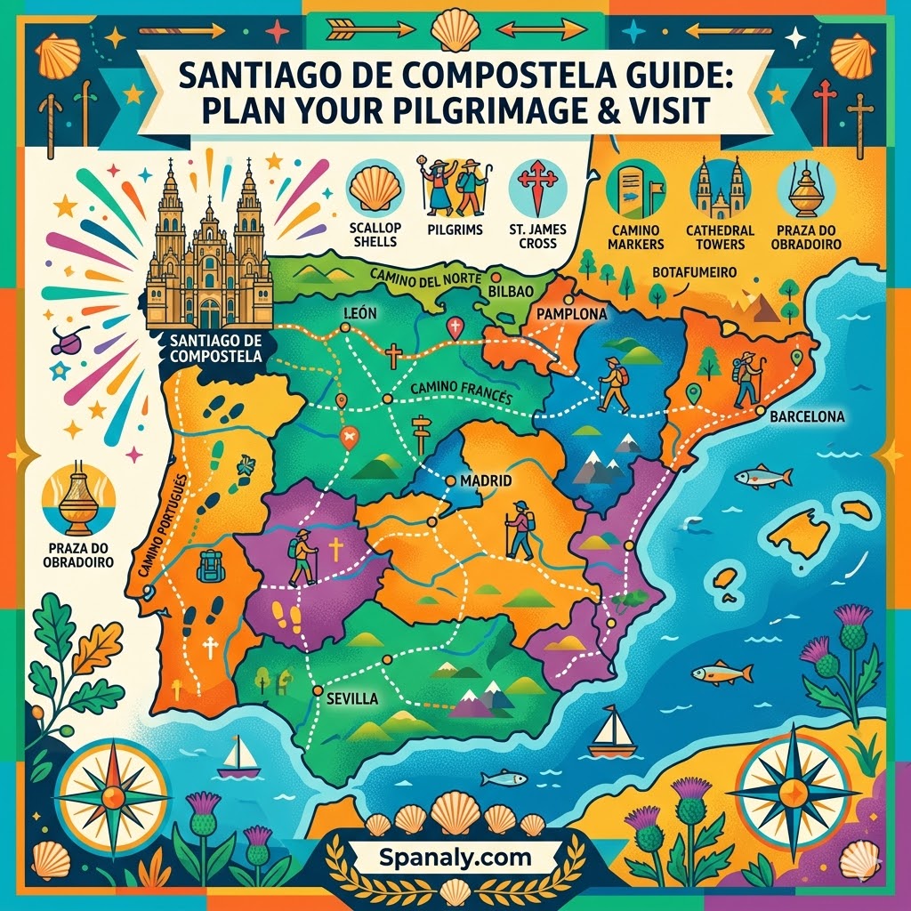 An epic infographic map of Spain highlighting Santiago de Compostela pilgrimage routes including Camino de Santiago paths, the Cathedral towers, and religious symbols.