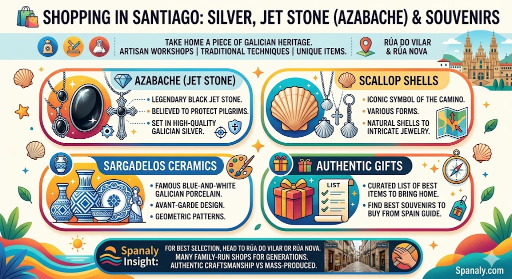 Infographic of shopping in Santiago de Compostela featuring traditional Azabache jet stone jewelry, silver Camino scallop shells, and Sargadelos ceramics.