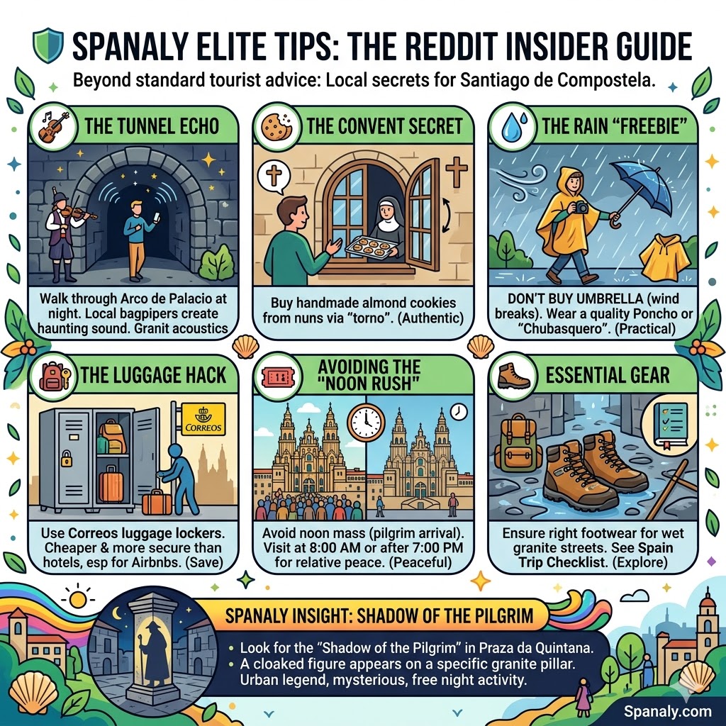 Infographic of insider travel tips for Santiago de Compostela featuring the cathedral tunnel acoustics, convent secret cookies, rainy day gear, and the Shadow of the Pilgrim urban legend.