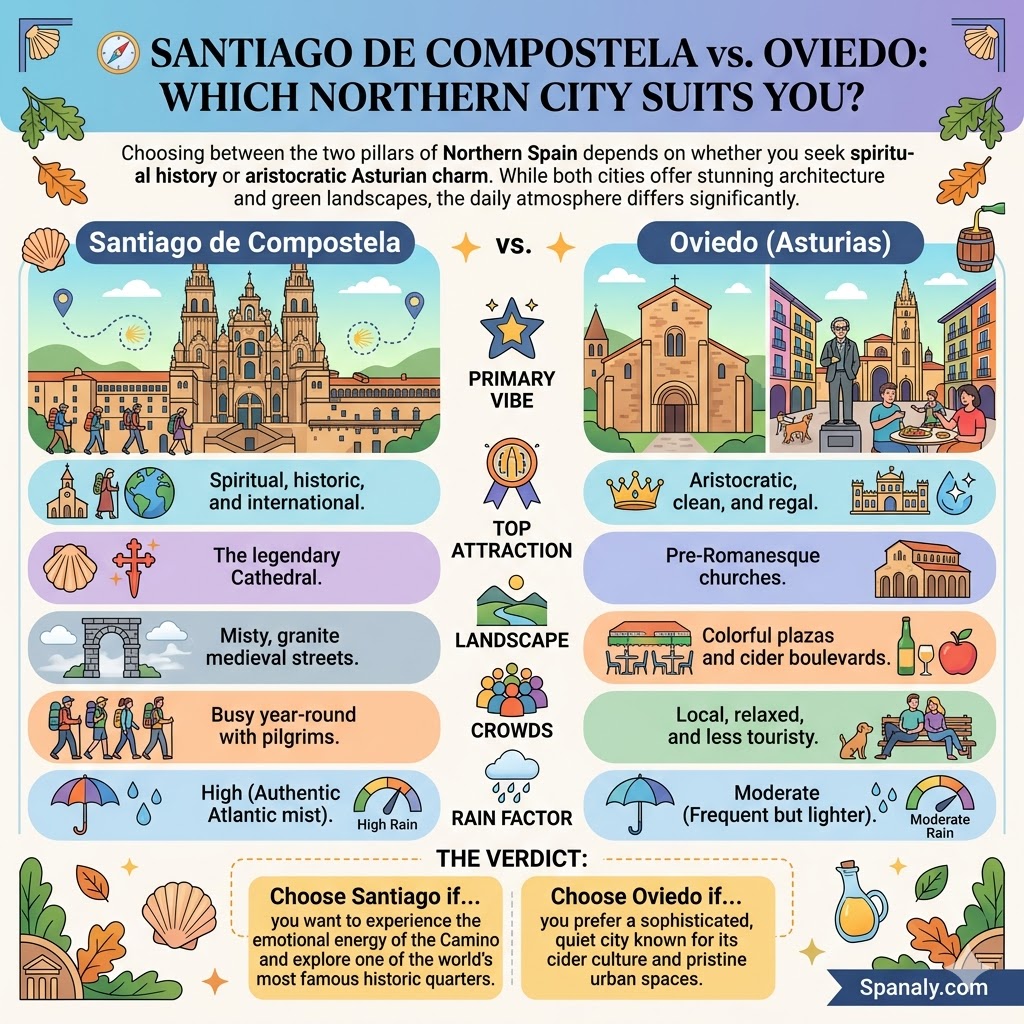 Comparison infographic between Santiago de Compostela and Oviedo featuring atmosphere, top attractions, crowds, and rain factors in Northern Spain.