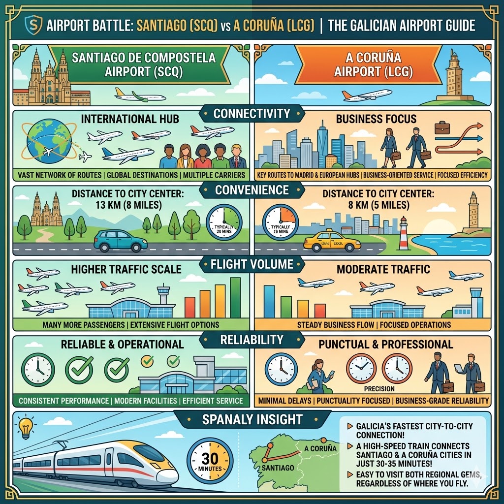 Comparison infographic between Santiago de Compostela Airport (SCQ) and A Coruña Airport (LCG), showing differences in connectivity, flight volume, reliability, and the 30-minute train link by Spanaly.com