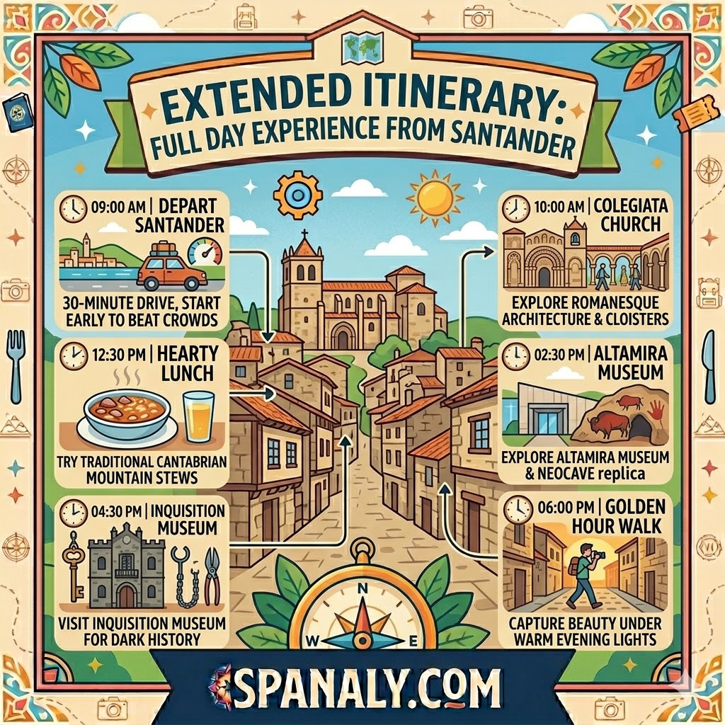 A detailed and colorful infographic showing a full-day itinerary for visiting Santillana del Mar from Santander, including landmarks and timing.