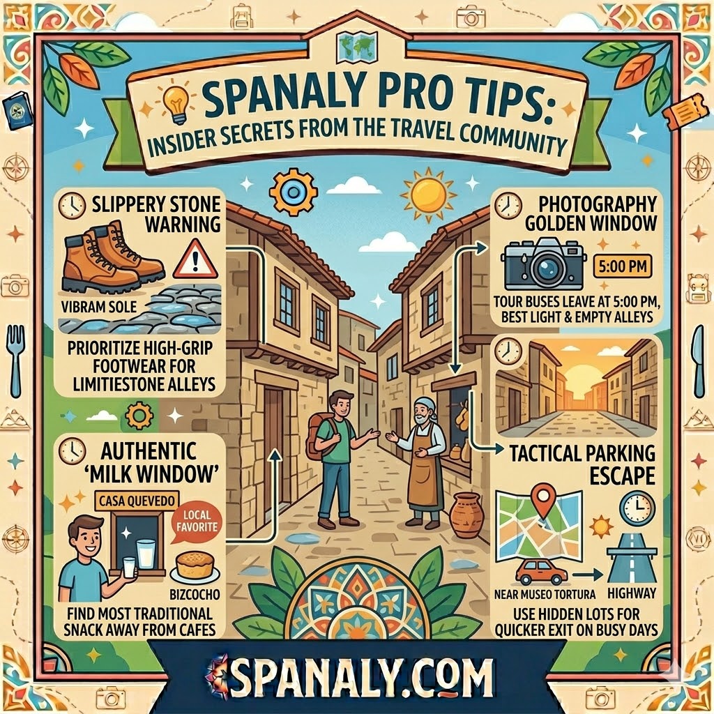A colorful infographic for Spanaly.com detailing insider travel tips for Santillana del Mar, highlighting footwear advice, local snacks, and photography secrets.