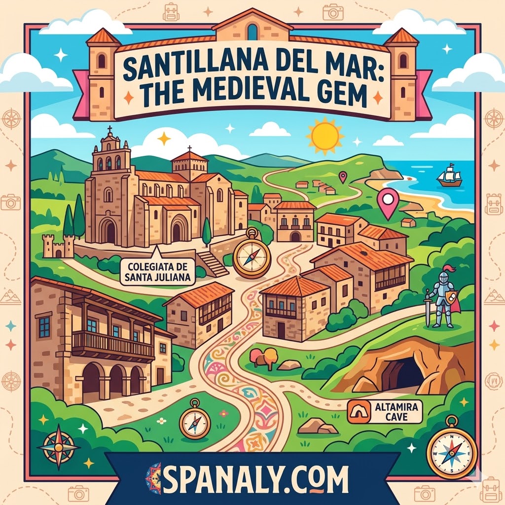 Vibrant flat vector illustration of Santillana del Mar featuring the Colegiata de Santa Juliana and Altamira Cave map.