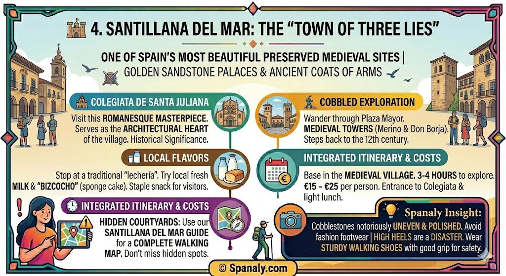 Infographic of Santillana del Mar featuring Colegiata de Santa Juliana, Plaza Mayor medieval towers, and local milk and sponge cake tasting tips.