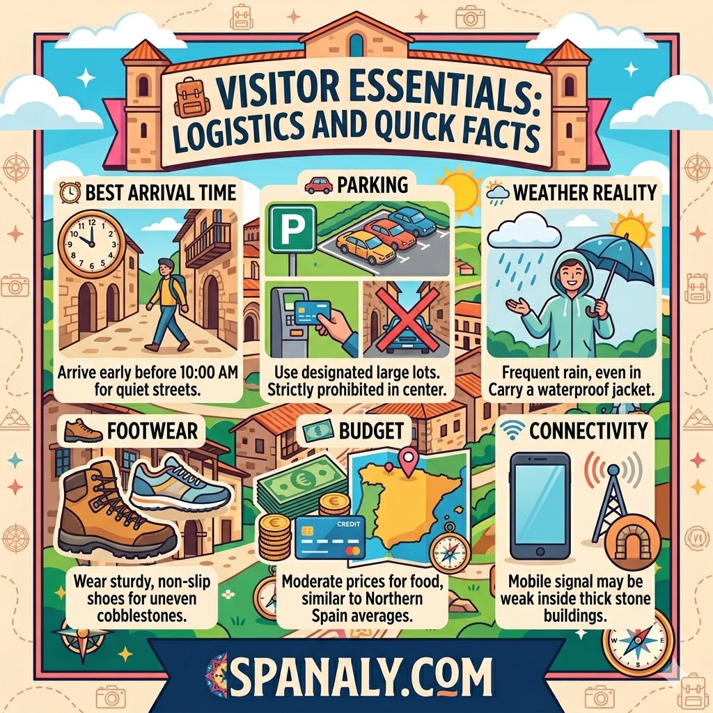 Infographic for Santillana del Mar visitor essentials covering parking, best arrival time, weather tips, and footwear logistics.