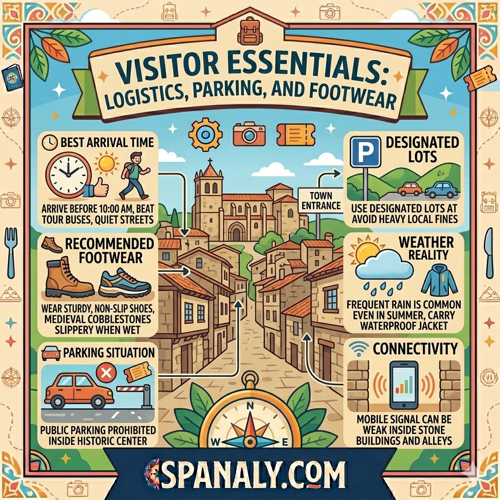Colorful infographic providing logistics, parking, and footwear essentials for visitors to Santillana del Mar, Cantabria.