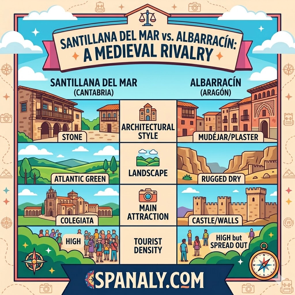 Comparison infographic between Santillana del Mar and Albarracín highlighting architectural styles, landscapes, and main attractions.