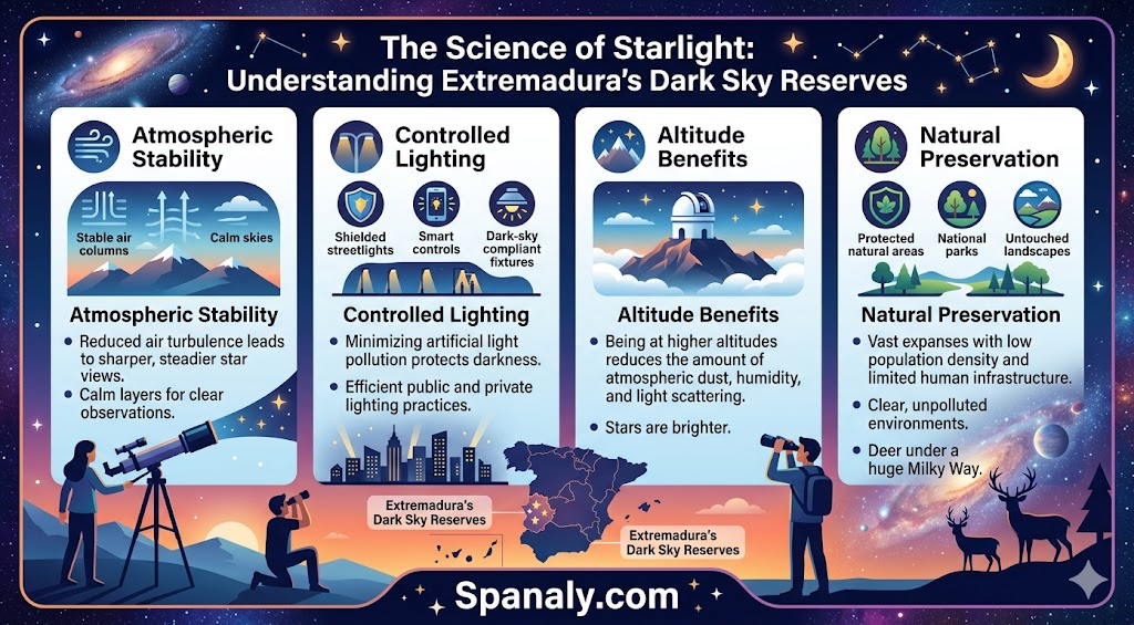 Infographic explaining the science of starlight and dark sky reserves in Extremadura, highlighting atmospheric stability, controlled lighting, altitude benefits, and natural preservation.