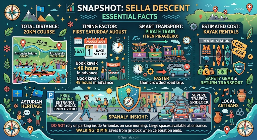 A detailed travel infographic for the Sella Descent in Asturias featuring a 20km route map, the Pirate Train transport, kayak rental costs, and parking tips for Arriondas.