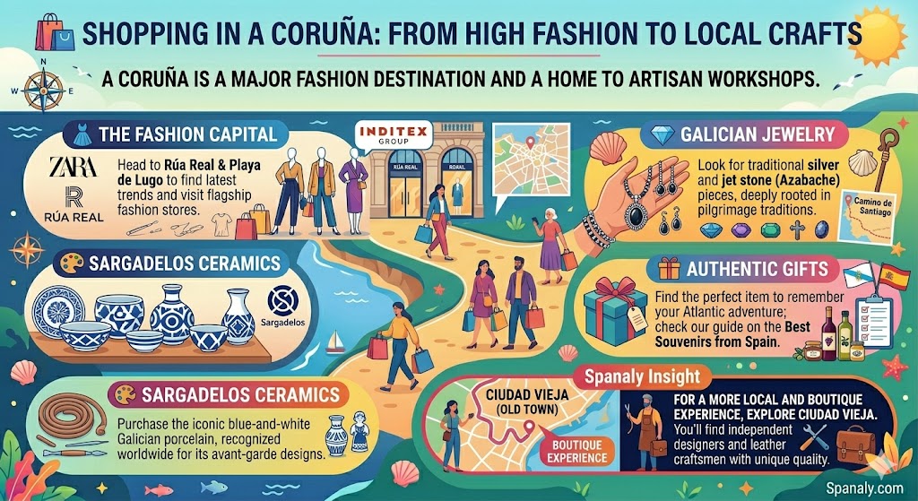 Infographic of shopping in A Coruña featuring flagship Zara stores on Rúa Real, Galician silver jewelry, Sargadelos ceramics, and artisan boutiques in the Old Town.