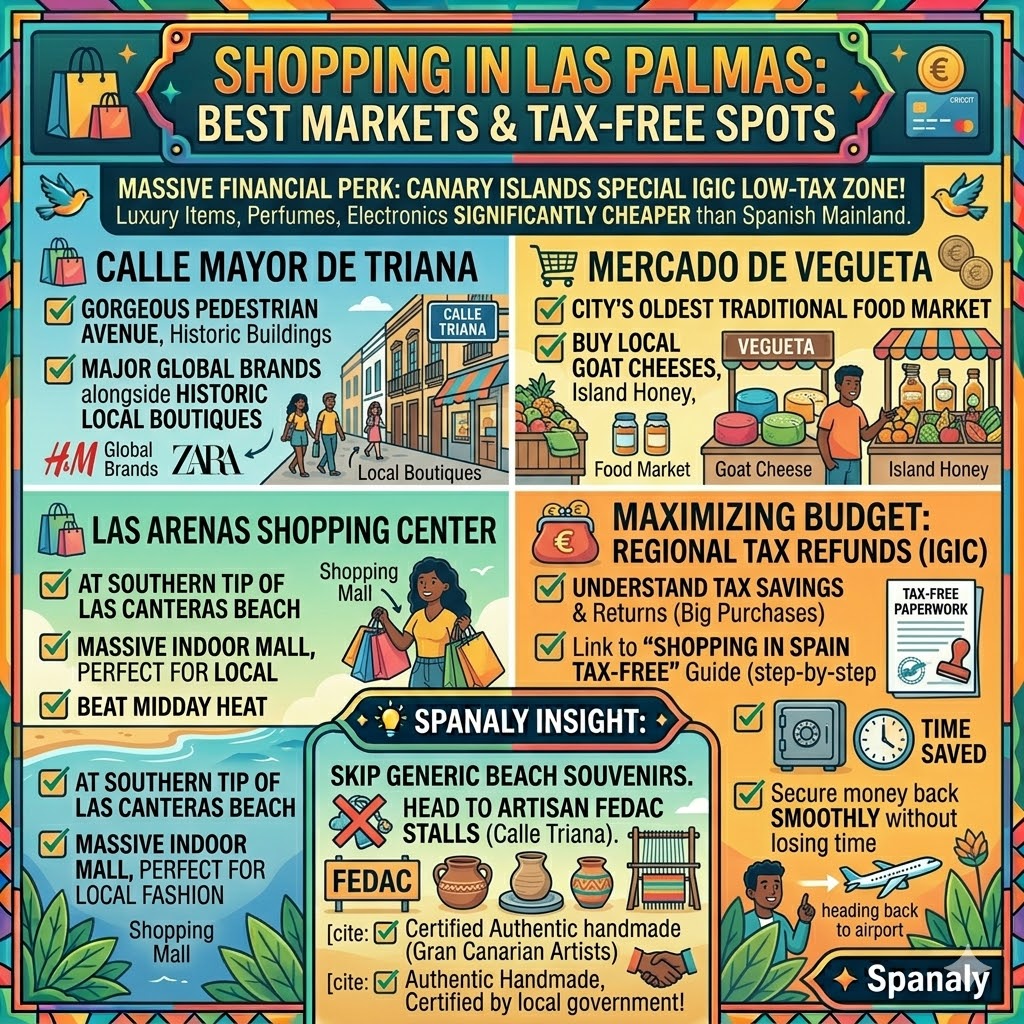 Infographic shopping guide for Las Palmas highlighting Calle Triana, Mercado de Vegueta, and Canary Islands IGIC tax-free benefits.
