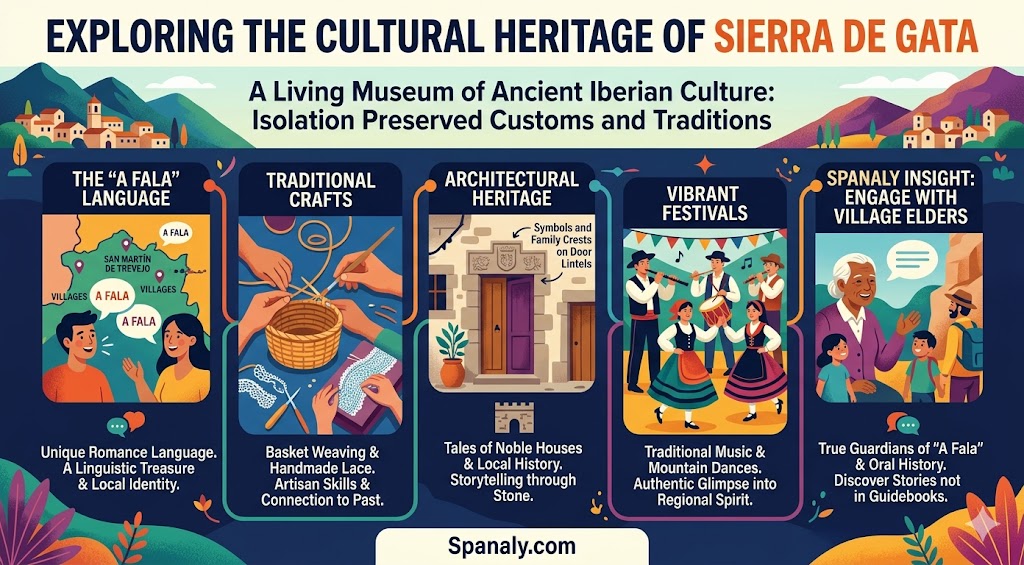 Infographic exploring the cultural heritage and ancient traditions of Sierra de Gata, Spain, highlighting the A Fala language, traditional crafts, architecture, and local festivals.