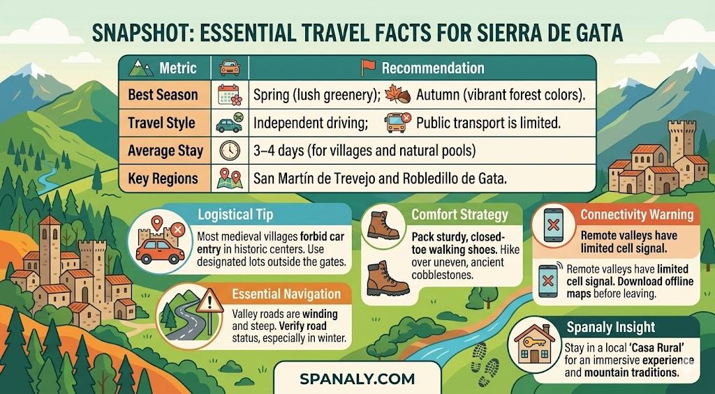 Infographic summarizing essential travel facts for Sierra de Gata, including tips on transportation, best seasons, and navigation for a trip to Spanish medieval villages.