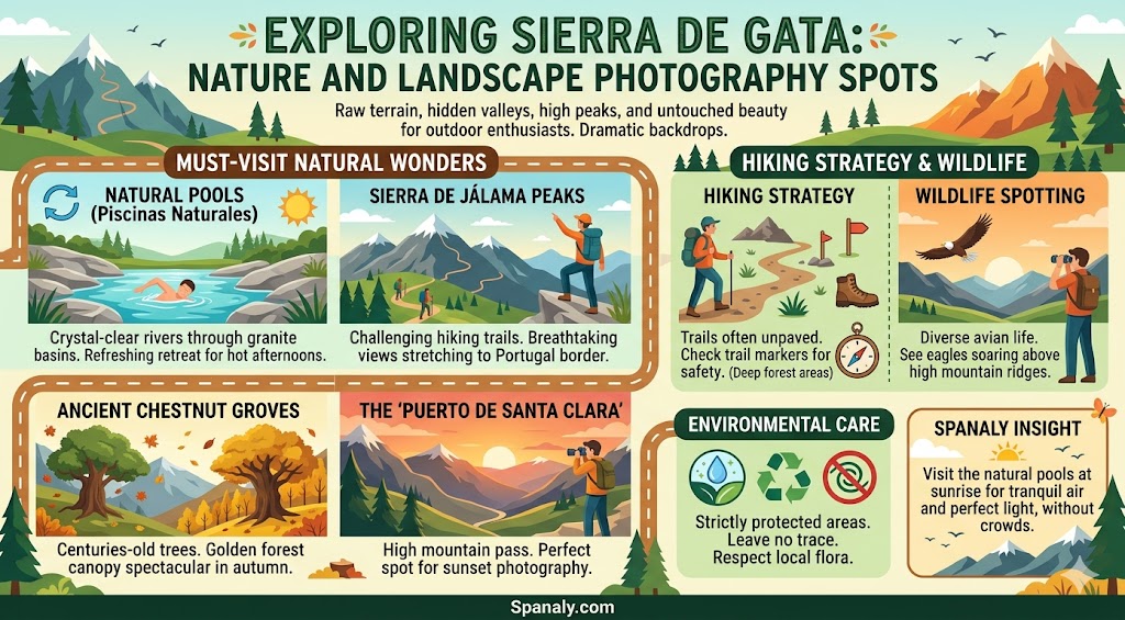 Infographic guide to nature and landscape photography spots in Sierra de Gata, Spain, featuring natural pools, hiking tips, and scenic mountain viewpoints for outdoor enthusiasts.
