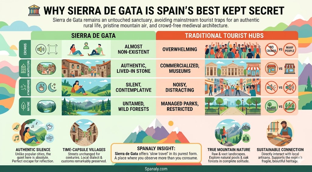 Infographic comparing Sierra de Gata as a peaceful, authentic travel destination against crowded mainstream Spanish tourist hubs, highlighting benefits of slow travel.
