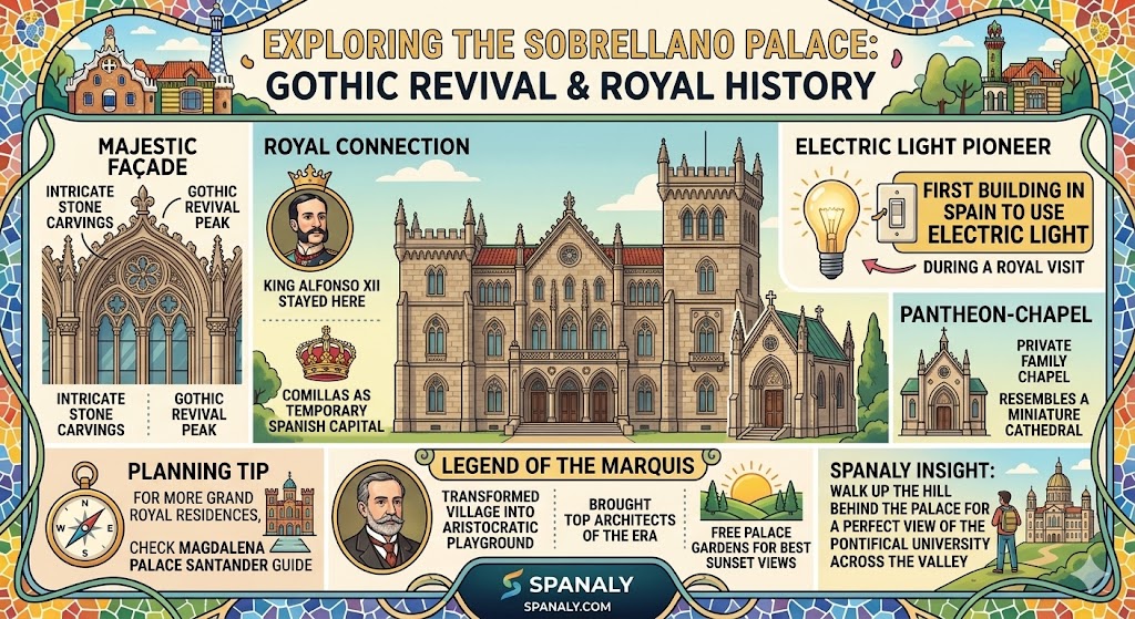 Infographic of Sobrellano Palace in Comillas showing Gothic Revival architecture, the Pantheon-Chapel, and royal history.