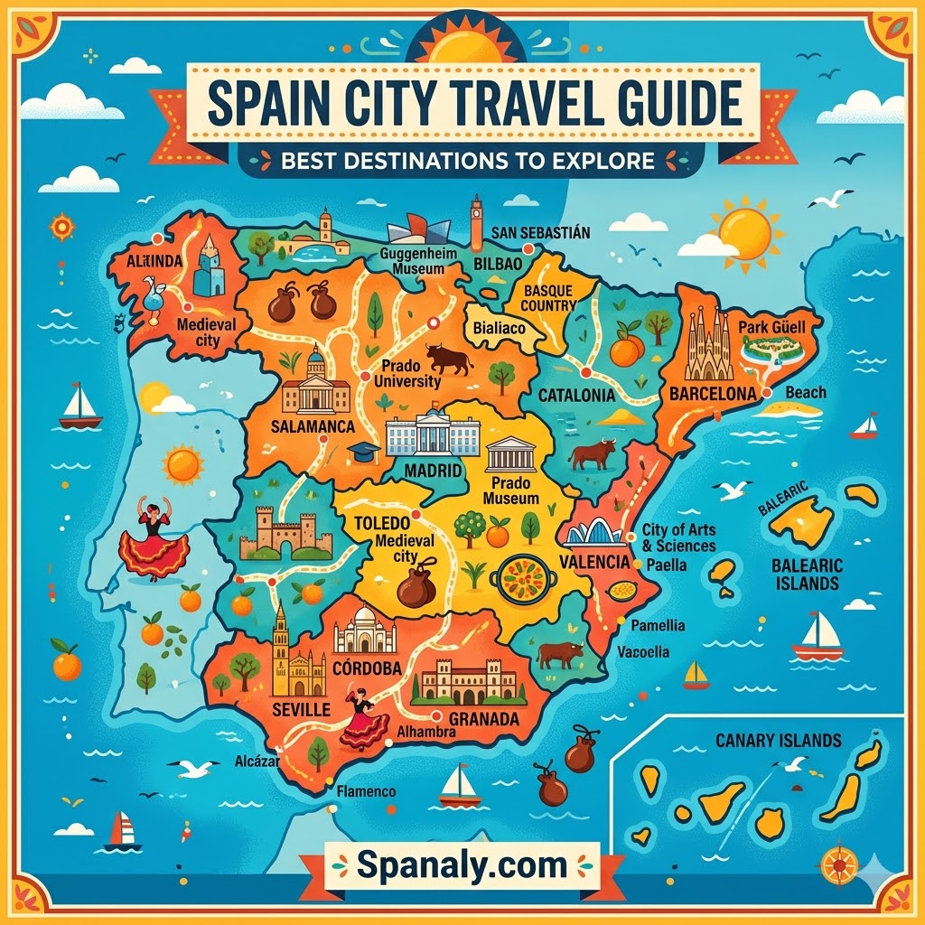 An epic infographic map illustrating the best cities to explore in Spain for the ultimate travel guide.