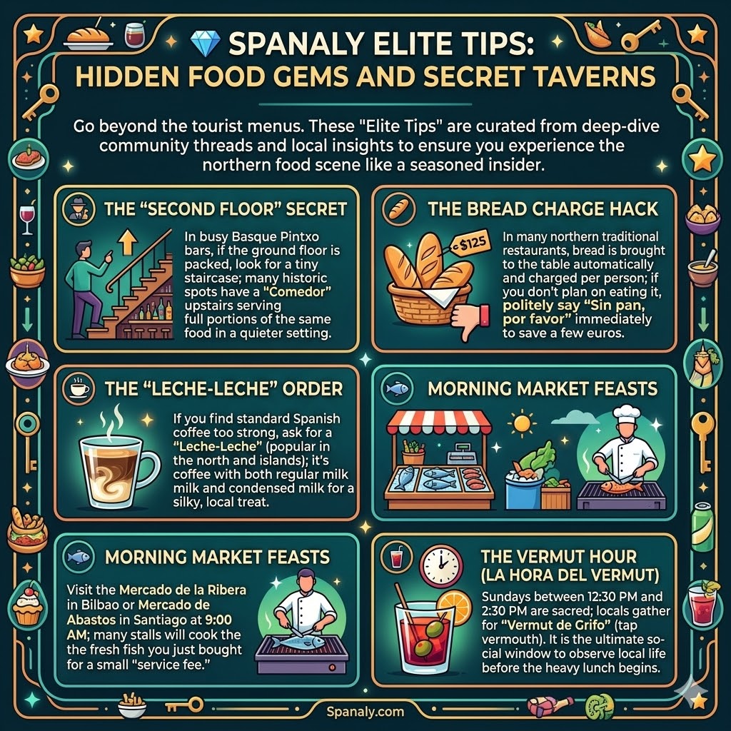 Infographic of Spanaly Elite food tips for Northern Spain featuring the second-floor dining secret, bread charge hack, Leche-Leche coffee, and Sunday Vermut hour protocol.