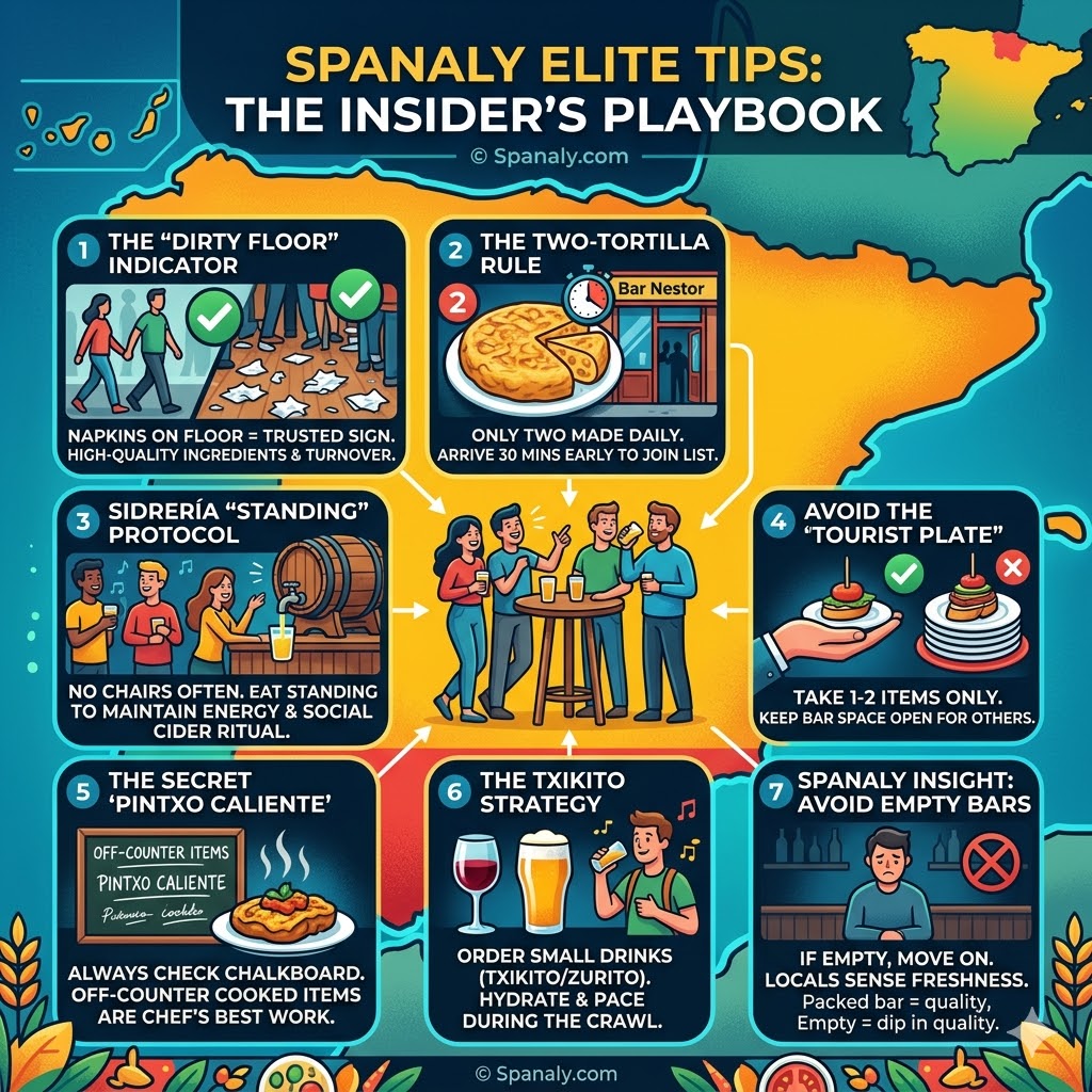 Infographic with elite insider tips for Basque dining including the dirty floor napkin indicator, the two-tortilla rule, and traditional sidreria standing protocol.