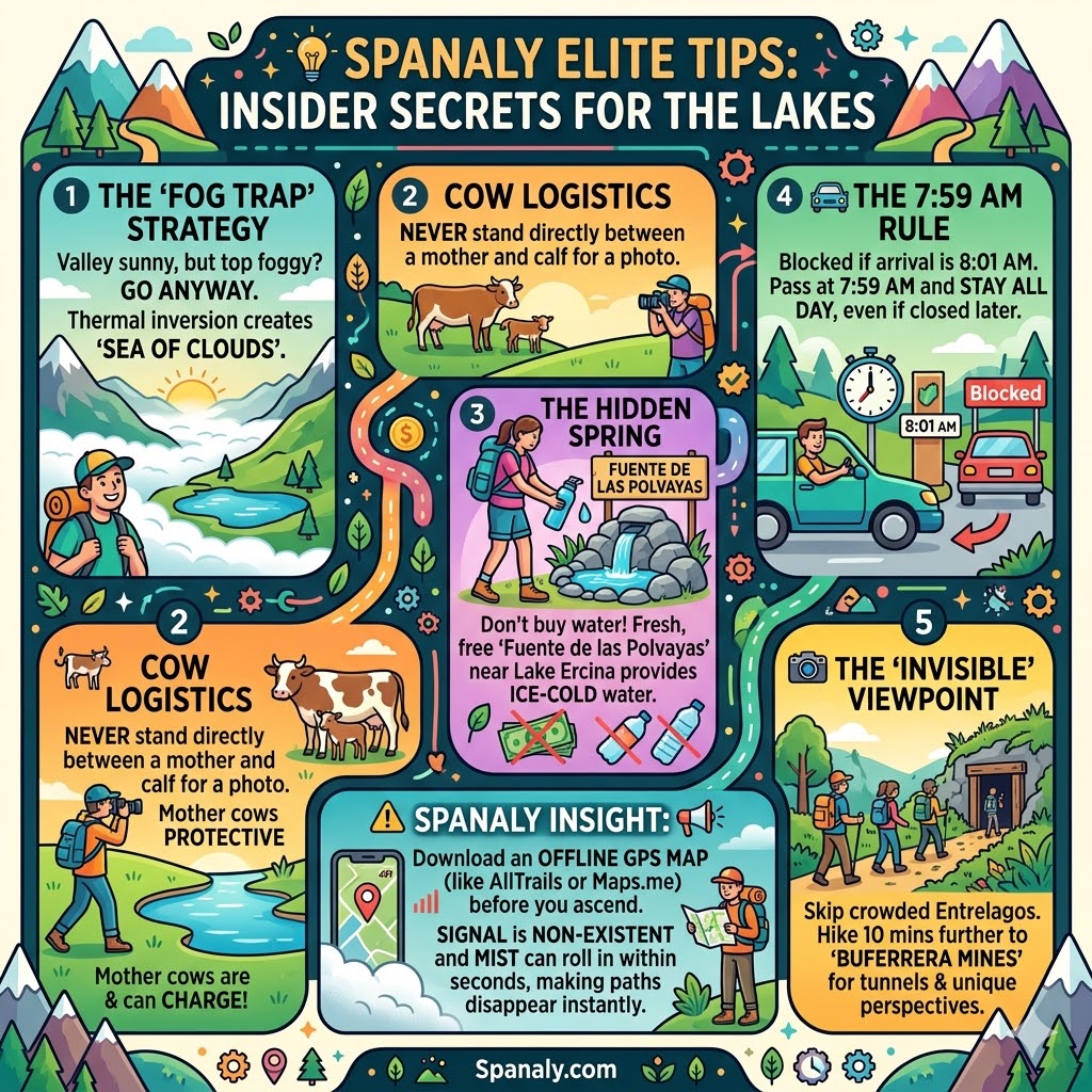 Infographic showing insider travel tips for Lakes of Covadonga including weather strategies, cow safety, and hidden viewpoints.