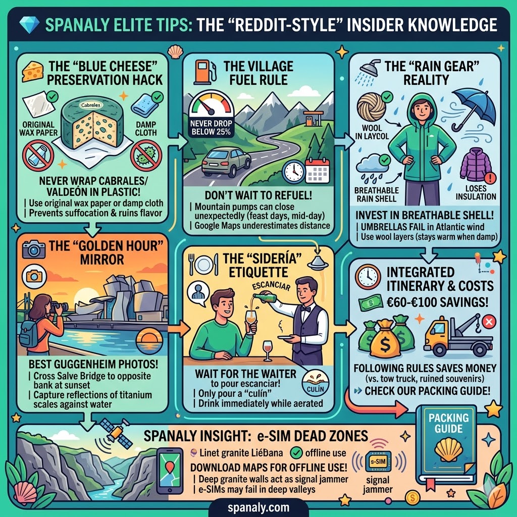 SEO infographic of elite travel tips for Northern Spain, covering Cabrales cheese preservation, mountain fuel rules, rain gear advice, Guggenheim photography hacks, and Sidrería etiquette by Spanaly.com