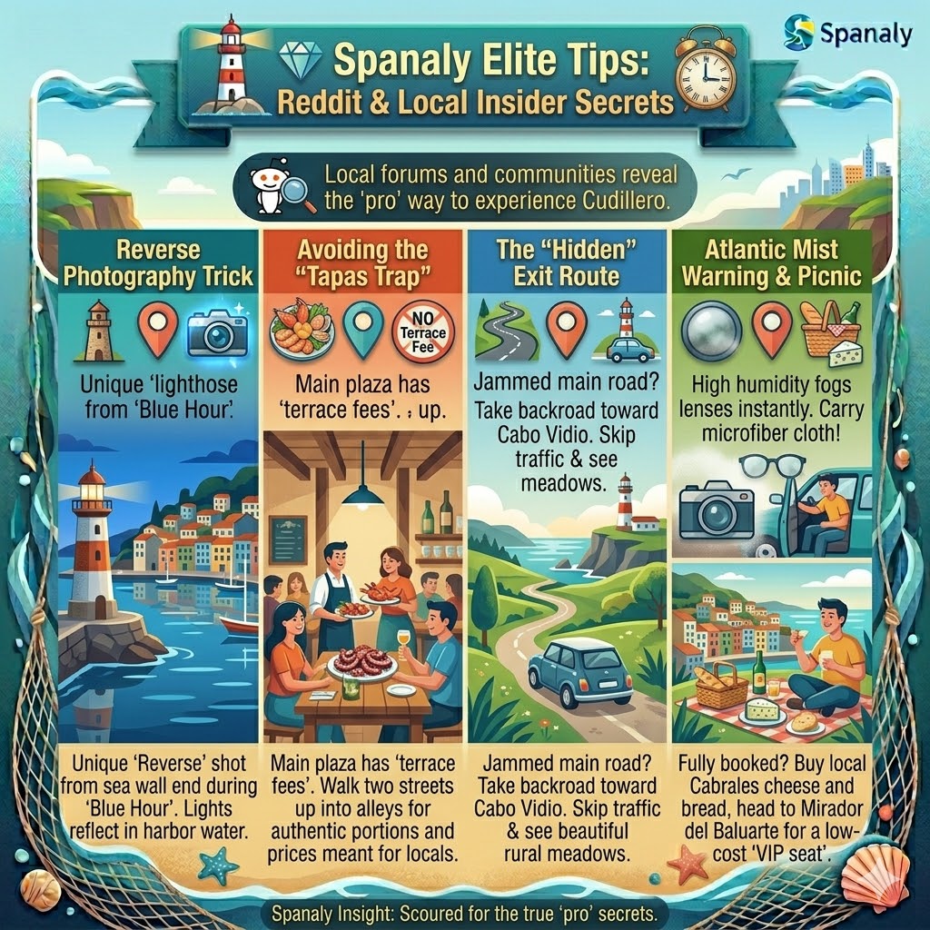 Infographic of Spanaly elite tips for Cudillero Asturias featuring reverse photography tricks, avoiding tourist traps, and hidden exit routes.