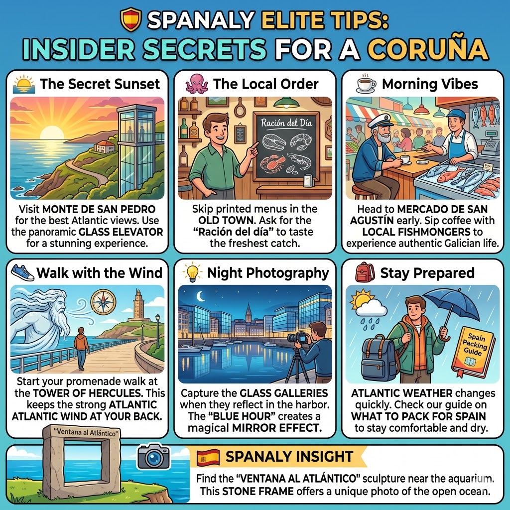 Infographic of expert travel tips for A Coruña, featuring Monte de San Pedro sunset, local dining secrets, night photography of Glass Galleries, and Atlantic weather advice.