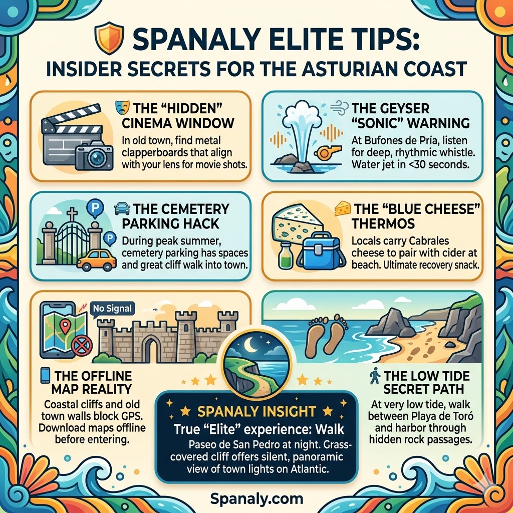 Infographic of Spanaly Elite Tips for Llanes Asturias featuring cinema filming hacks, geyser warnings, parking secrets, and coastal hiking advice.