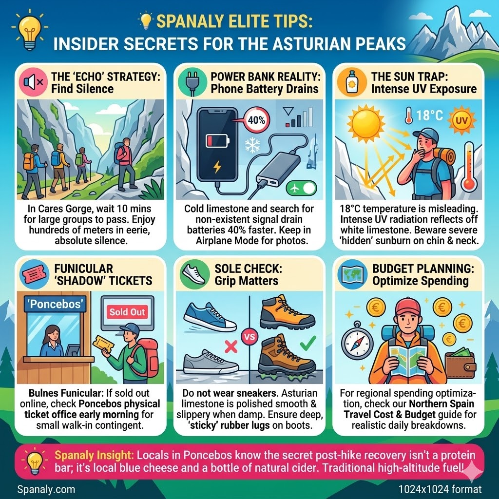 Infographic showing insider hiking tips for Picos de Europa including Cares Gorge echo strategy phone battery saving and UV protection.