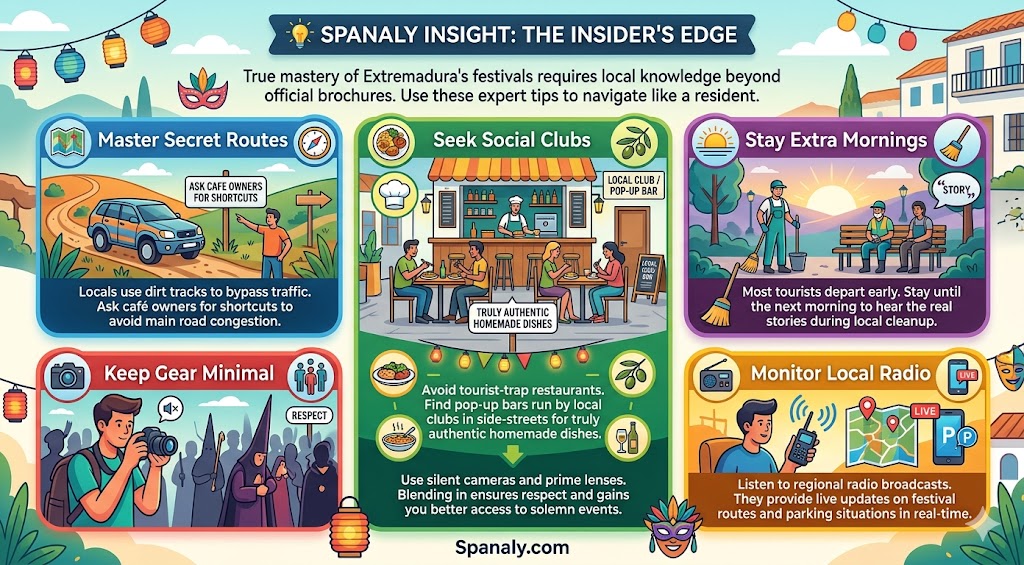 Infographic featuring Spanaly's insider tips for mastering Extremadura festivals, including advice on secret routes, authentic local dining, and respectful festival photography.