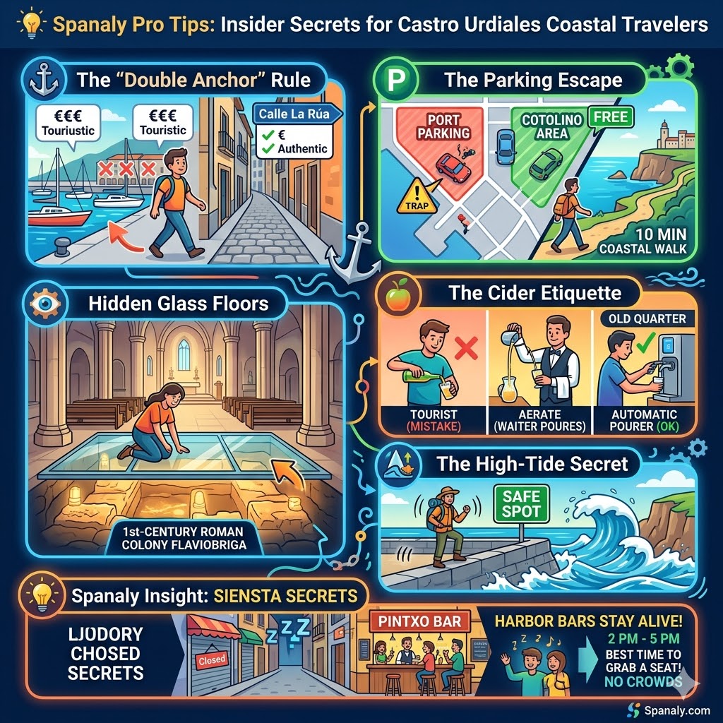 Infographic sharing insider travel tips for Castro Urdiales including parking hacks, dining rules, and hidden Roman floors.