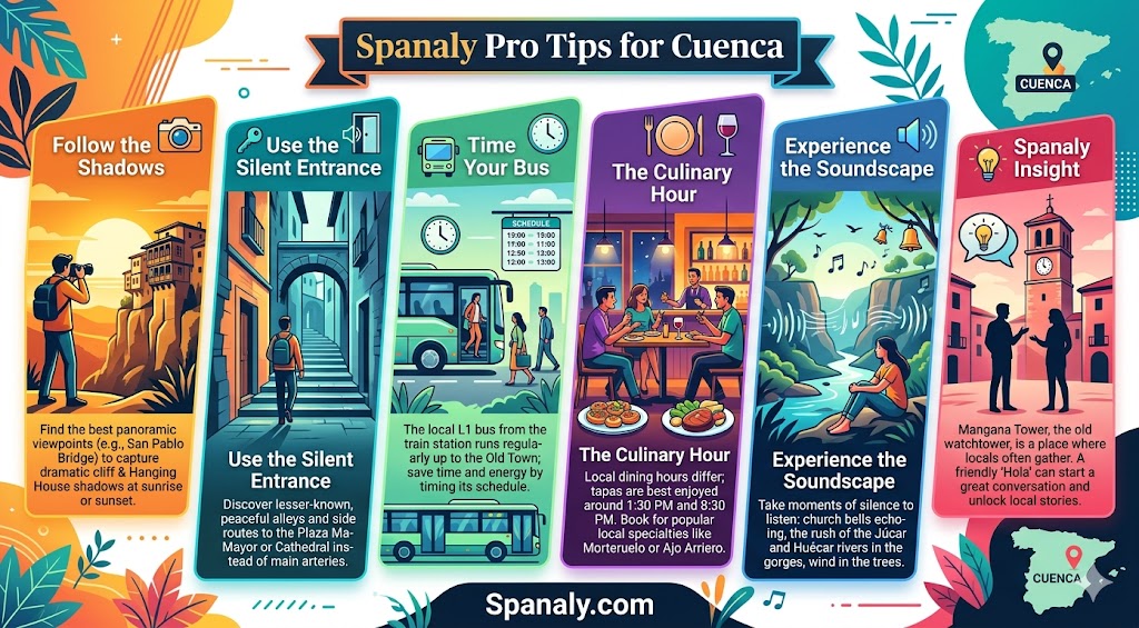 Expert infographic featuring Spanaly pro tips for exploring Cuenca, Spain, including advice on navigating local bus schedules, culinary timing, and hidden cultural experiences
