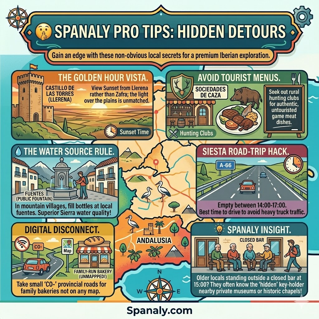 Infographic guide featuring Spanaly pro tips for hidden detours on a road trip, including local secret spots, authentic dining, water sources, and driving hacks for an premium Iberian exploration.