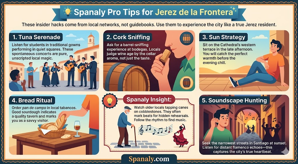 An infographic featuring expert travel tips for Jerez de la Frontera, including local experiences like Tuna serenades, wine barrel sniffing, and finding authentic flamenco.
