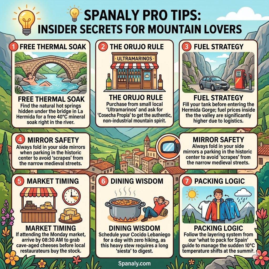 Infographic of insider travel tips for Potes, showing the La Hermida thermal soak, local Orujo shopping, fuel strategy for the mountains, narrow street parking safety, and mountain packing layers by Spanaly.com