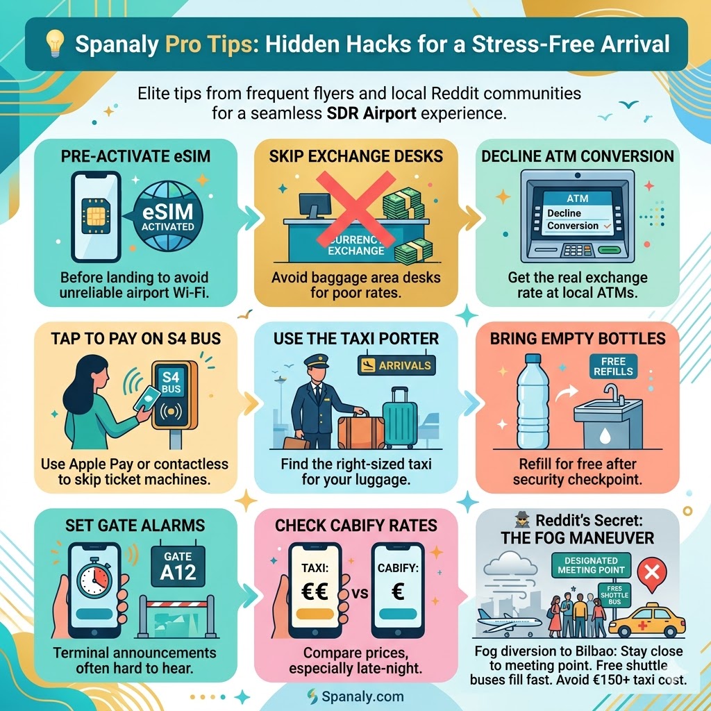 Infographic of elite travel hacks for Santander Airport (SDR), featuring tips on eSIM activation, currency exchange, contactless bus payments, ATM conversion safety, and the Reddit-sourced 'Fog Maneuver' for flight diversions by Spanaly.com
