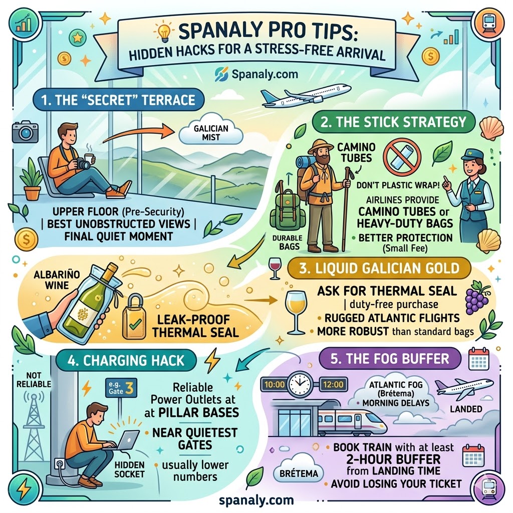 Comprehensive infographic of expert travel hacks for Santiago de Compostela Airport (SCQ), featuring the secret viewing terrace, pilgrim walking stick strategy, Albariño wine thermal sealing, hidden charging sockets, and Atlantic fog travel buffers by Spanaly.com