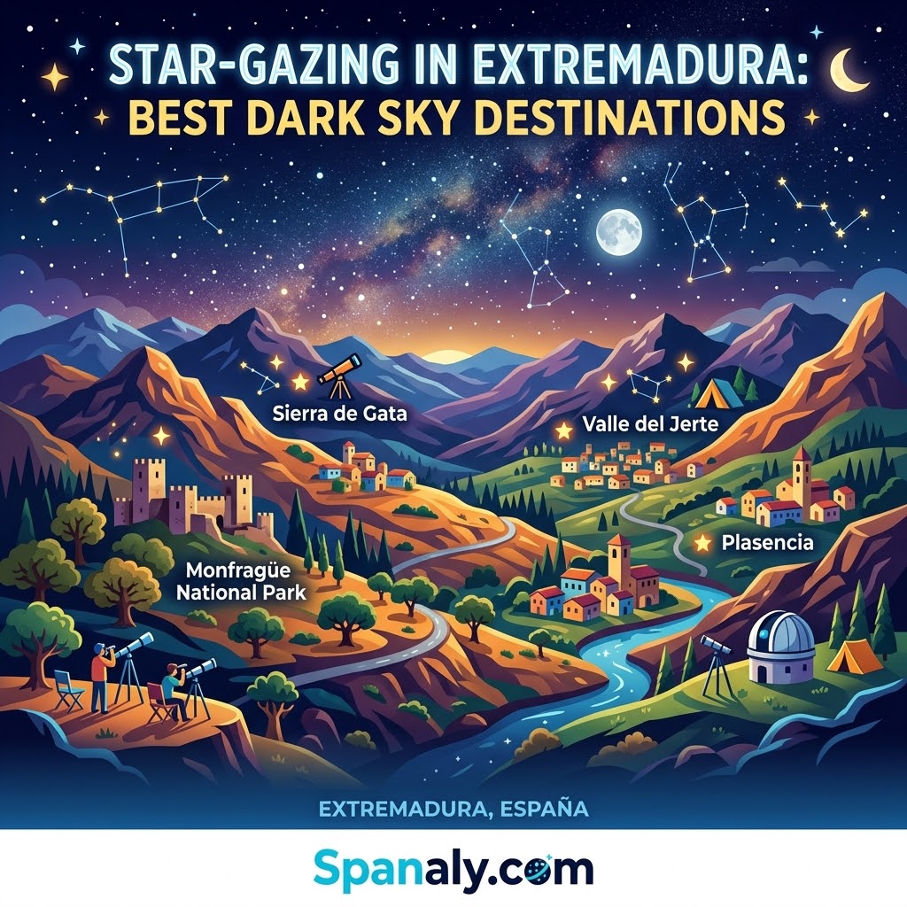 Vibrant landscape illustration of star-gazing in Extremadura featuring top dark sky destinations under a starry night sky.