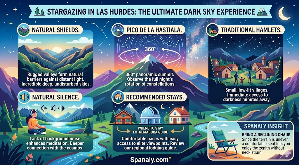 Infographic guide to stargazing in Las Hurdes, Extremadura, showcasing natural light shields, panoramic viewpoints like Pico de la Hastiala, and tips for an optimal dark sky experience.