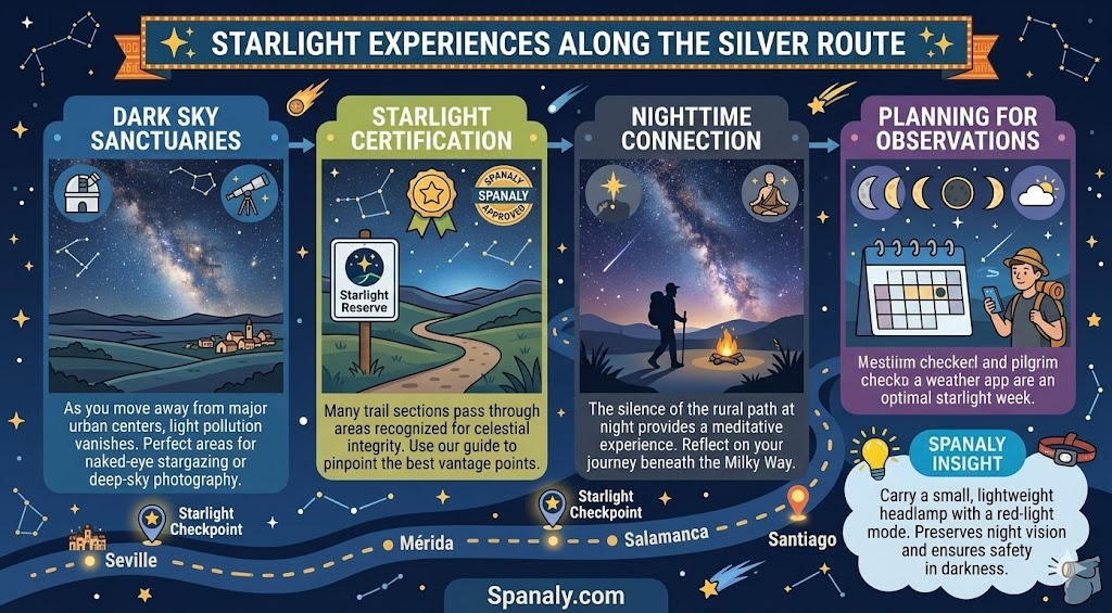 A colorful infographic showcasing starlight experiences along the Vía de la Plata, featuring dark sky sanctuaries, starlight certifications, and tips for stargazing while walking the route.
