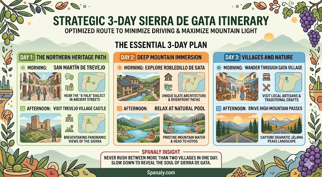 Optimized 3-day travel itinerary infographic for exploring Sierra de Gata, Spain, featuring daily activity plans, village heritage routes, and travel tips for an immersive mountain experience.