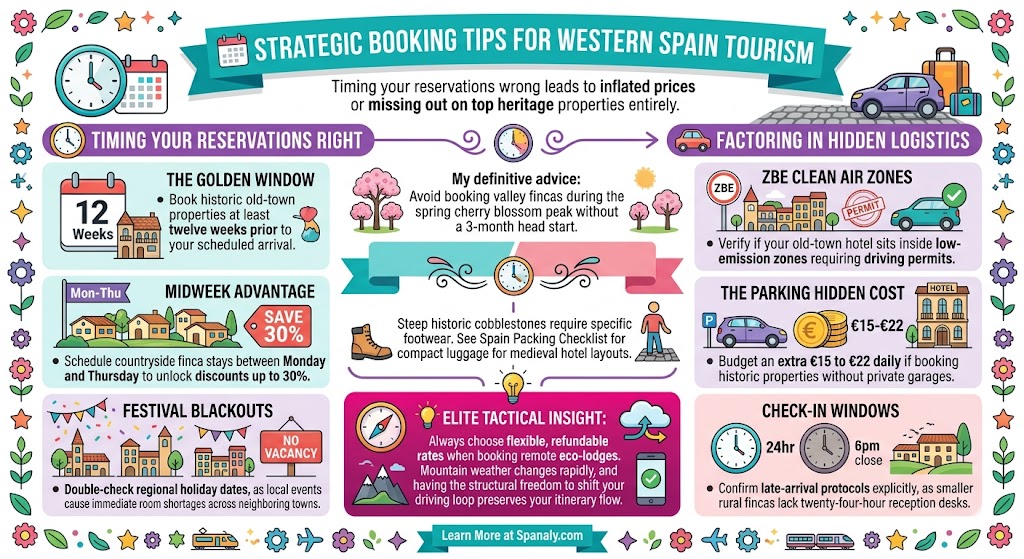 Infographic guide with strategic booking tips for Western Spain tourism, featuring reservation timing windows, hidden logistics, ZBE zones, and elite tactical travel insights.